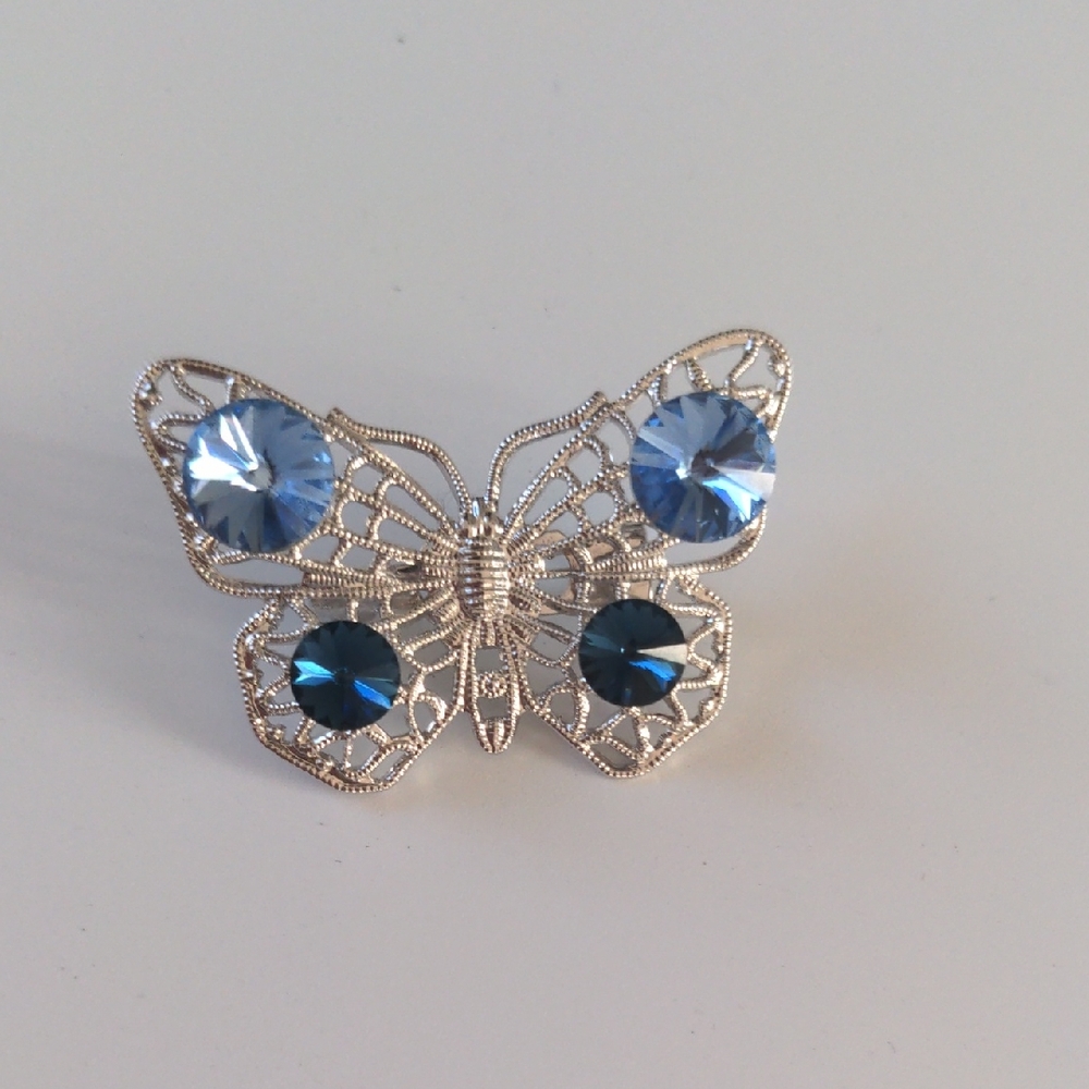 Silvertone Butterfly Brooch Blue Rhinestones Vintage Inspired